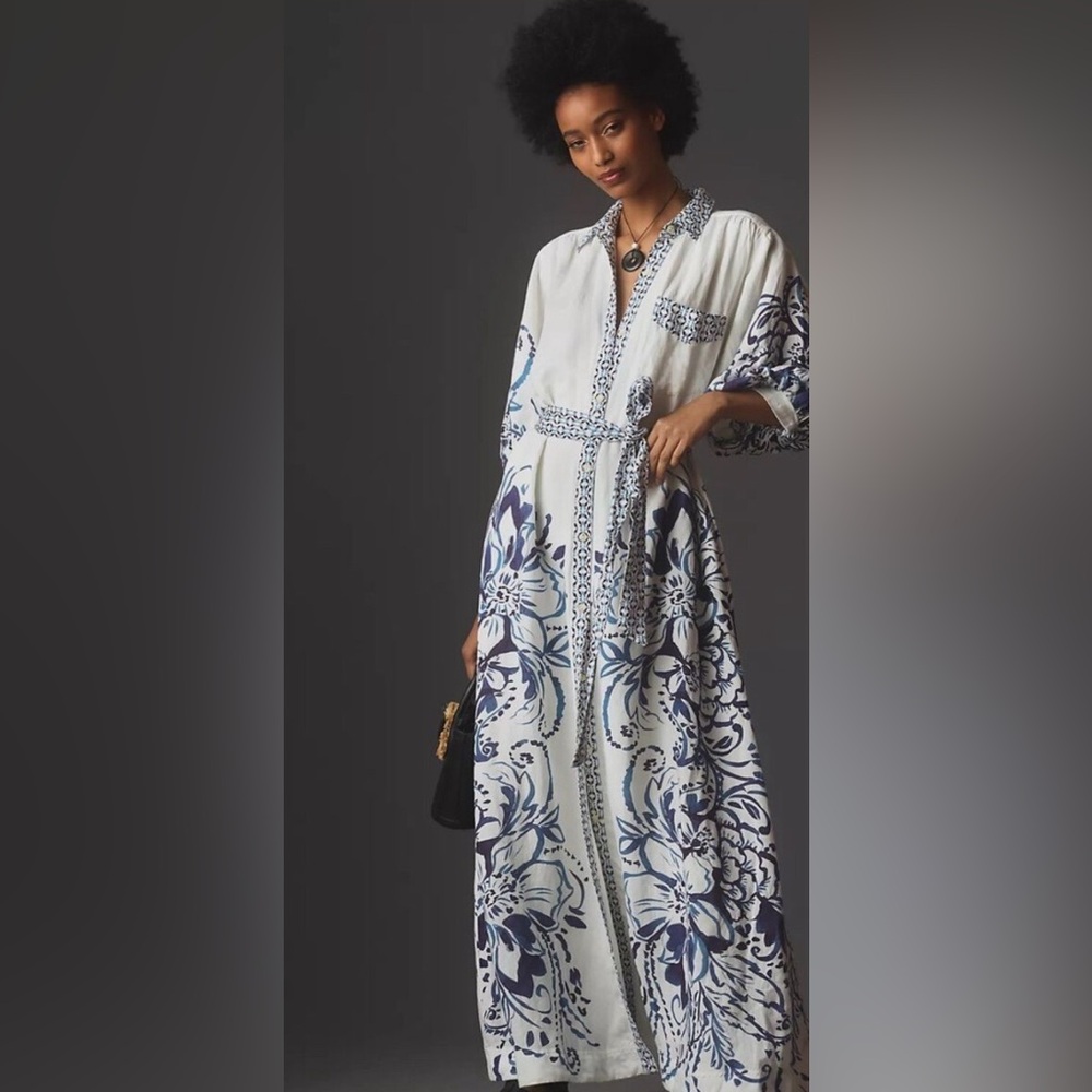 Anthropologie The Irene Linen Shirt Dress Button Front Belted Floral Blue